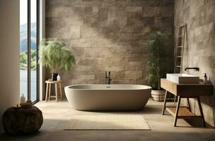 AI generated natural stone bathroom with a white tub, planter and huge windows photo