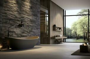 AI generated large white bathtubs, a large modern bathroom and a bamboo bathroom photo