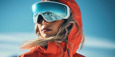 AI generated person in ski jacket and goggles photo