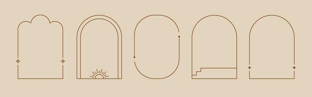 Boho mystic arch frame set. Minimal line style arch, oval shape boho frame with star, geometric element for badge, logo design. Vector