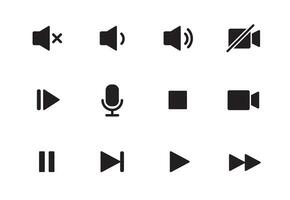 Audio, video, music player button icon. Sound control, play, pause button solid icon set. Camera, media control, microphone interface pictogram.  Vector