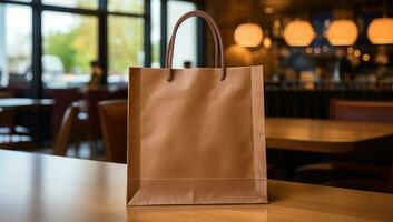 AI generated paper bag on wooden countertop, photo