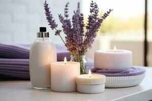 ai generado productos para spa son en un blanco mesa con lavanda foto