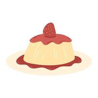 Delicious Pudding with Pink Glaze and Ripe Strawberry on Top vector