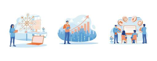 Digital business concept. Virtual icon diagram. Man using digital tablet. Teams discuss using digital devices. set trend modern vector flat illustration