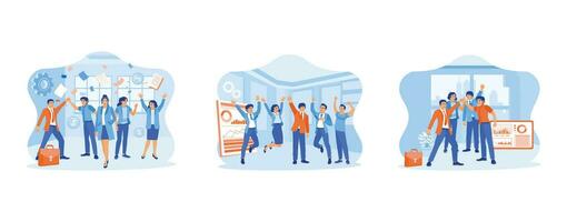 Celebrating concept. Celebrating success in the company. Happy raised his hands and jumped. High-five after finding a solution to a problem. set trend modern vector flat illustration