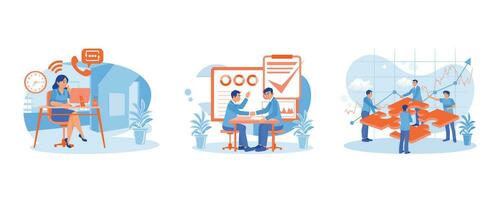 Make calls with clients. Complete the consultation. Teamwork concept. Employee Making concept. set trend modern vector flat illustration