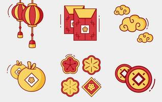 Chinese New Year elements set. isolated icons collection, coins, lantern, red envelope, flower, cloud. Editable vector illustrations. flat illustration style.