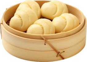 AI generated steamed stuff custard bun in bamboo basket png