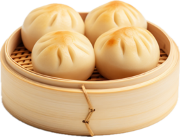 AI generated steamed stuff custard bun in bamboo basket png