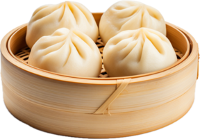 AI generated steamed stuff custard bun in bamboo basket png