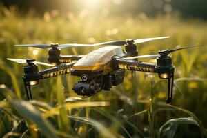 ai generado zumbido imagen volador terminado un arroz campo con un girasol en antecedentes foto