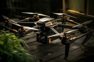 AI generated drone image flying over a rice field with a sunflower in background photo