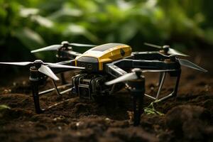 AI generated drone image flying over a rice field with a sunflower in background photo