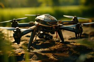 AI generated drone image flying over a rice field with a sunflower in background photo