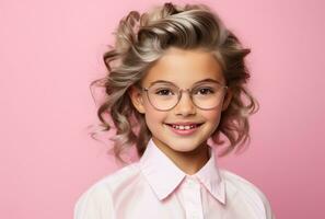 AI generated girl with glasses against pink background photo