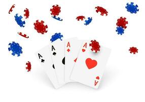 Casino banner or 3d design element. Fallinf poker chips and playing cards. Vector illustration isolated on white background