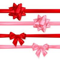 Set of realistic shiny red and pink bows. Decoration element for Valentines day or other holiday. Vector isolated on white background