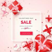 Valentines day holiday offer. Web banner with white frame decorated gifts boxes with silk ribbon and bow. Vector