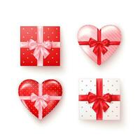 Set of gift boxes with silk bows in realistic style top view. Square and heart shape boxes. Vector