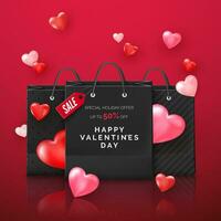 Black shopping bags with discount offer with flying hearts. Valentines day promotion for store. Vector