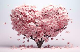 ai generado en hermosa rosado forma, cierne Cereza árbol flores hacer arriba un corazón foto