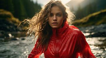 ai generado vistiendo un rojo lluvia traje en un corriente a puesta de sol en montaña foto