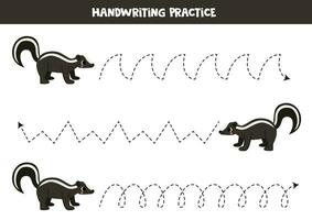 Tracing lines for kids.  Cute cartoon skunk. Handwriting practice. vector