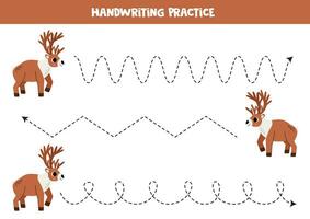 Tracing lines for kids.  Cute cartoon caribou. Handwriting practice. vector