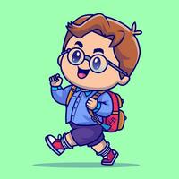 Cute Boy Going To School Cartoon Vector Icon Illustration. People Education Icon Concept Isolated Premium Vector. Flat Cartoon Style