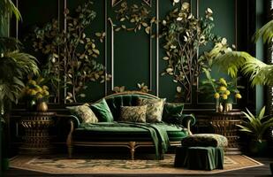 AI generated green and gold themed room design photo