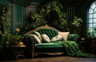 AI generated green and gold themed room design photo