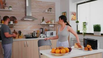 Smiling wife using electric toaster to make roasted bread for breakfast. Housewife using electric toaster to make roasted bread, addition to a delicious breakfast for her and her husband photo