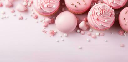 AI generated pink cup cakes with icing photo