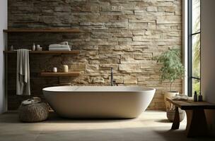 AI generated natural stone bathroom with a white tub, planter and huge windows photo