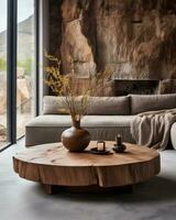 AI generated organic teak coffee table in natural brown photo