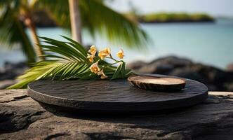 AI generated the stone platter with coconut and tree on the beach photo