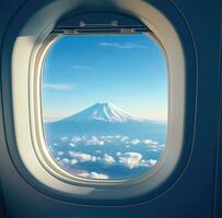 AI generated view of the mount mountain from the window of an airplane photo