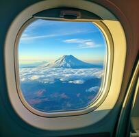 AI generated view of the mount mountain from the window of an airplane photo