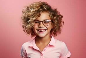 ai generado sonriente niña vistiendo lentes en contra rosado antecedentes foto