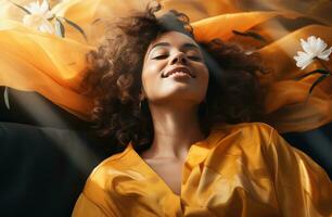 AI generated woman in yellow shirt smiling to herself and resting on a couch photo
