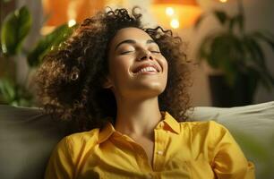 AI generated woman in yellow shirt smiling to herself and resting on a couch photo