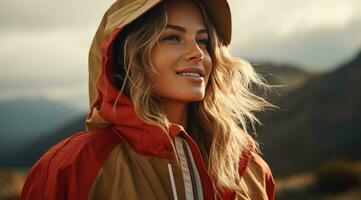 AI generated young smiling woman with a raincoat standing and looking at the mountains photo