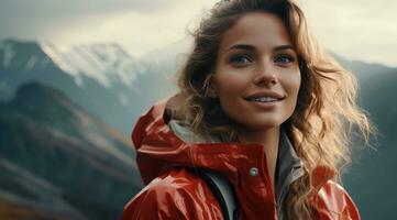AI generated young smiling woman with a raincoat standing and looking at the mountains photo