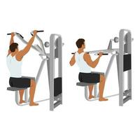 Man doing lever front pulldown, lat machine pull down. vector