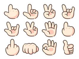 Set hand sign icon cartoon vector illustration. Tap, click, victory, v, rock, metal, ok, fist, punch, middle finger and thumb up. Chibi Hand sign concept design. Hand drawn flat style isolated