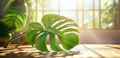 ai generado el monstera hoja planta es en un habitación con luz de sol foto