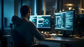 AI generated Programmer Analyzing Data in Night Office with Multiple Computers photo