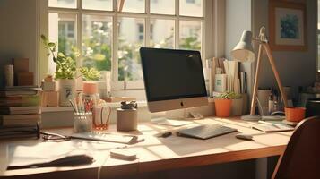 AI generated Sunny Home Office, Computer Plants Books Stationery Natural Light photo