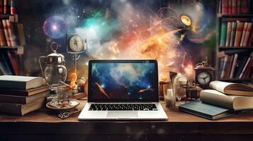 AI generated Magical Study Space with Laptop, Books photo